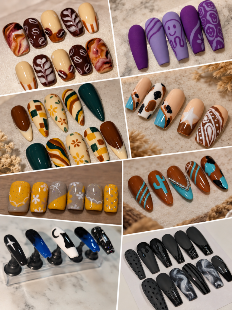 nail designs, 3D artwork, manicures, custom press on kits for sale